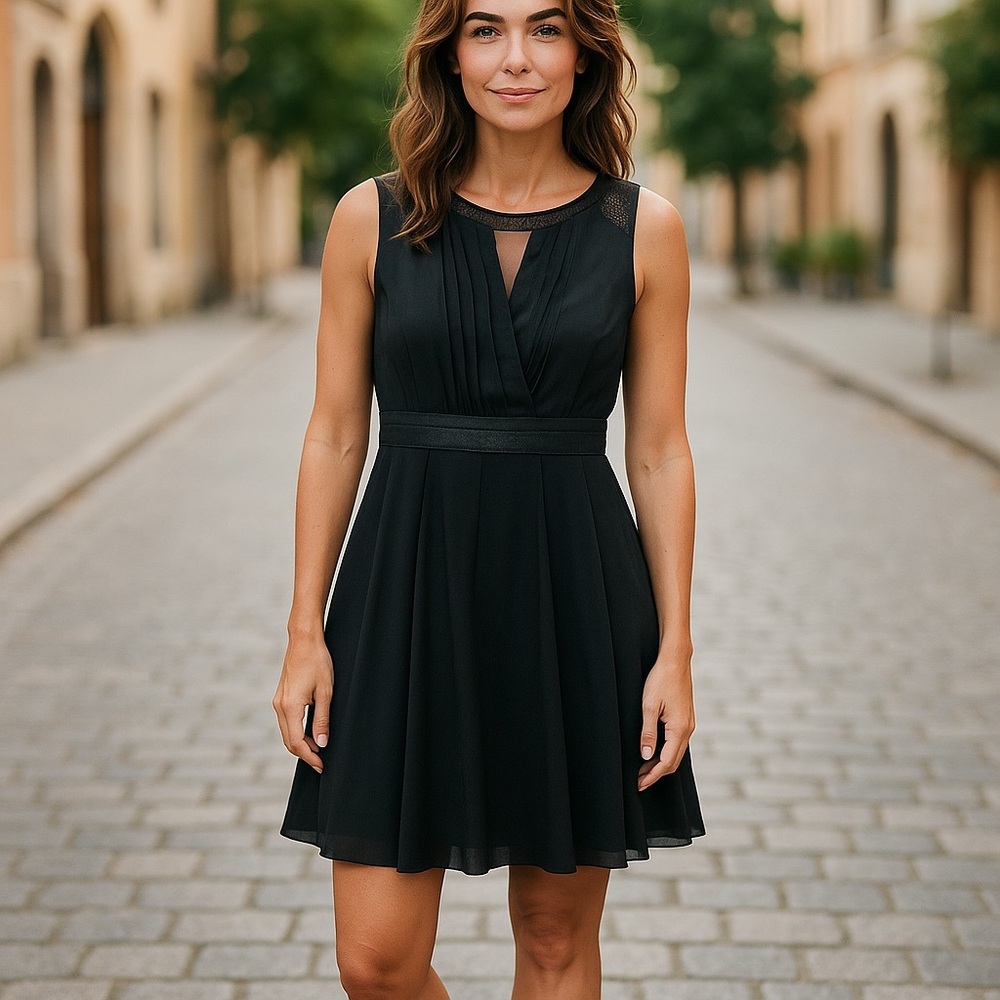 Double Zero Black Dress – Size Medium, Built-In Slip, Side Zipper, Button Neck
